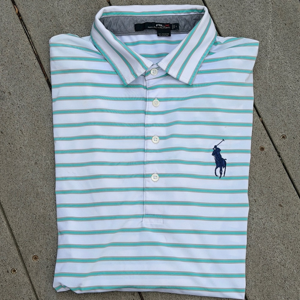 Ralph Lauren RLX Men Large Polo Shirt Performance Green White Striped Big Pony - Picture 11 of 11